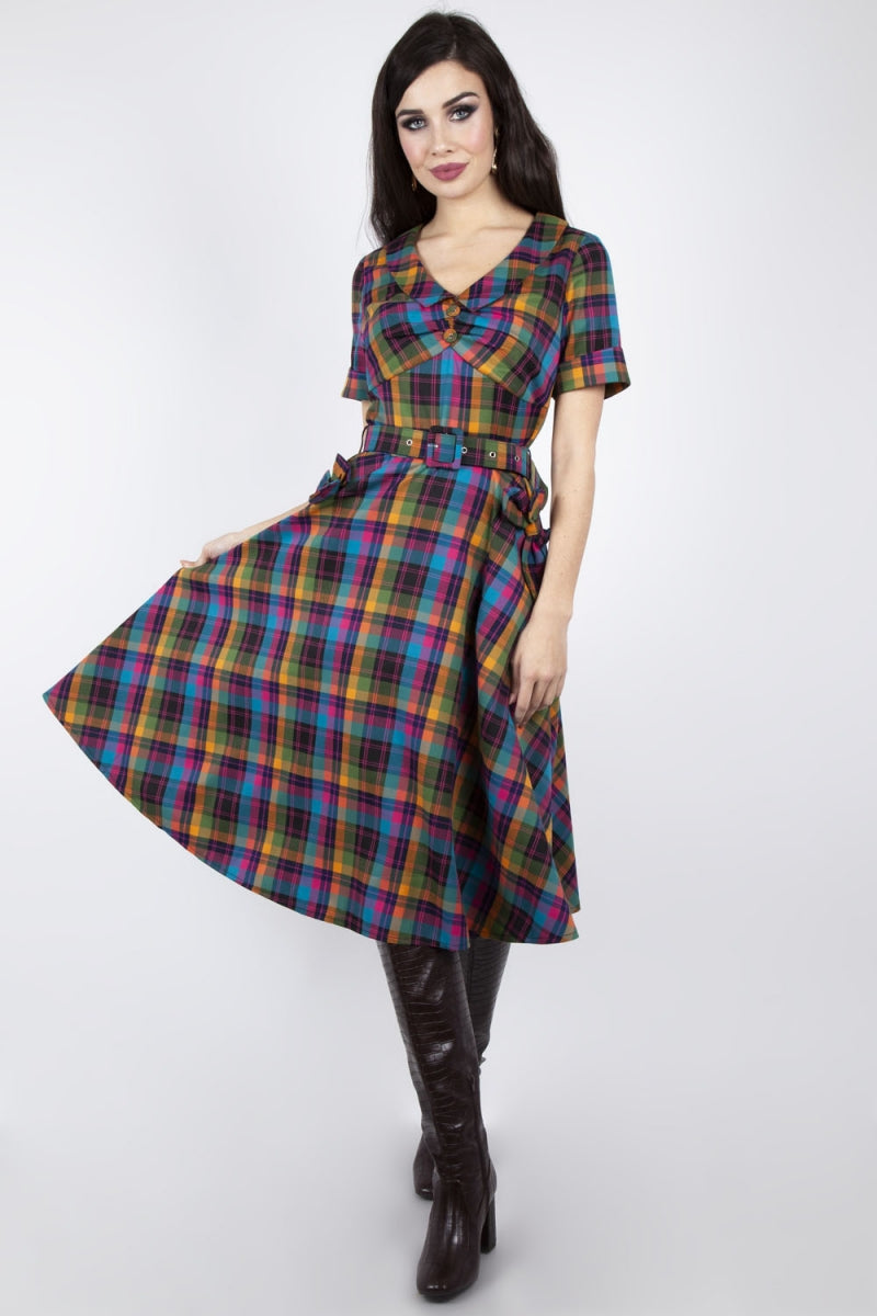 green emerald velvet dress Camilla Plaid Flare Dress
