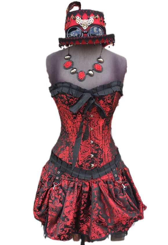 Red and Black Brocade Ruffled Overbust Corset with Metal Clips