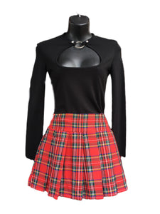 Primarily red tartan skirt with elements of green, white, yellow and blue 