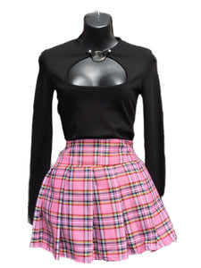 Primarily bright pink tartan skirt with elements of red, yellow, white and black