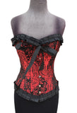 Red and Black Brocade Ruffled Overbust Corset with Metal Clips