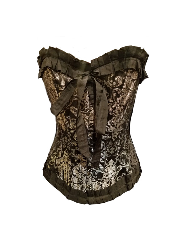 Silver and Black Brocade Ruffled Overbust Corset with Metal Clips