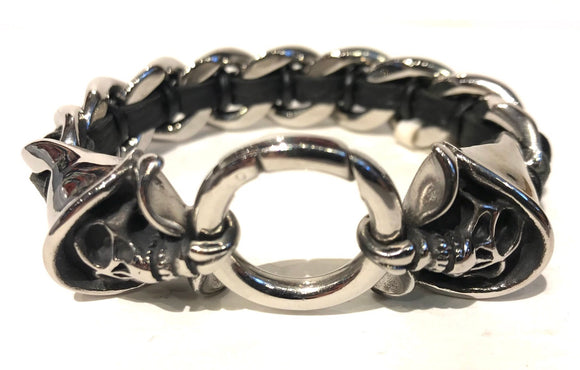 Stainless steel link bracelet interwoven with leather with hooded reaper Skal fasteners