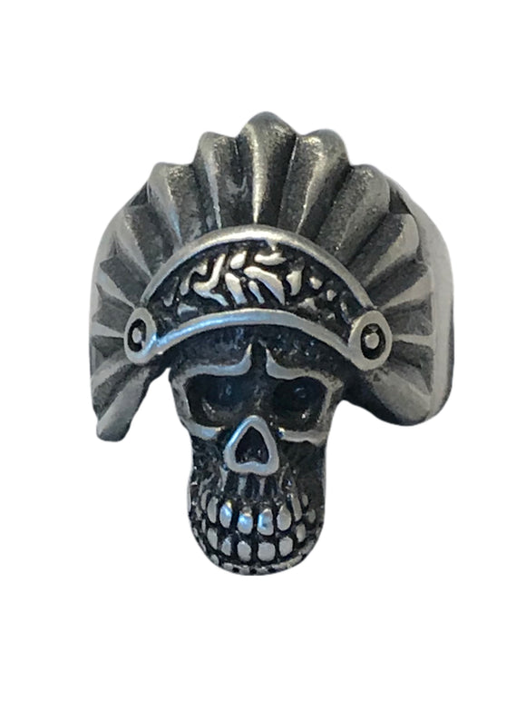 Smooth brushed stainless skull with headdress