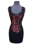 A Shrine classic!! A heavily constructed corset top in rich red and black tapestry fabric with a great form fit. Heavy metal boning at sides and lycra stretch panel at back adds extra strong support. Fastens in front with seven large kilt pins but also zips in back for easy access. Rich black satin piping around armholes and neckline and black satin lining inside. Trimmed at the bottom with black braid. This is one of our favorites! A very flattering fit!  