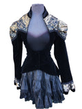 A beautiful velvet tailcoat with lace shoulders for your inner vampire.  Tailcoat fastens under the bust with two velvet buttons. Gold and black.