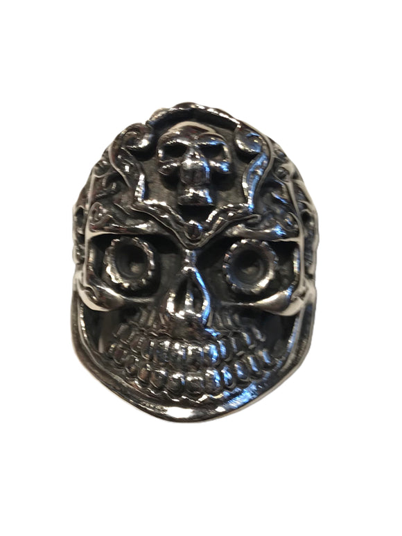 Wonderfully detailed skull ring with multiple sugar skull accents
