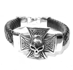 Leather bracelet with stainless steel Maltese cross with a skull in the center