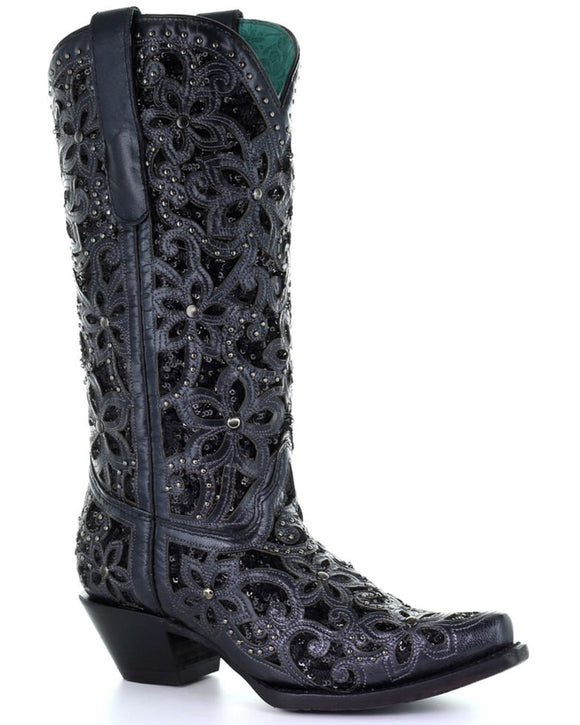 Black Inlay Embroidery Western Boots