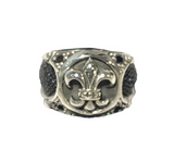 Well detailed larger band silver ring with central fleur de lis icon