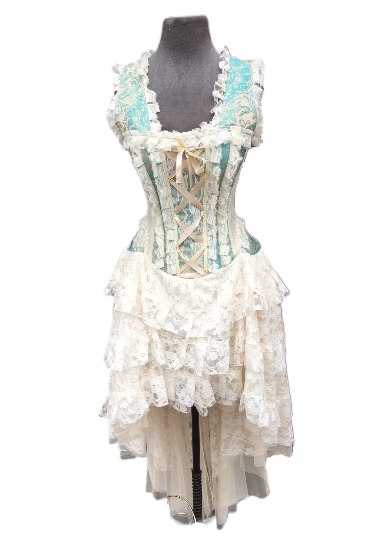 teal and white lace dress Beaded Illusion White Lace Green Satin Prom Dress