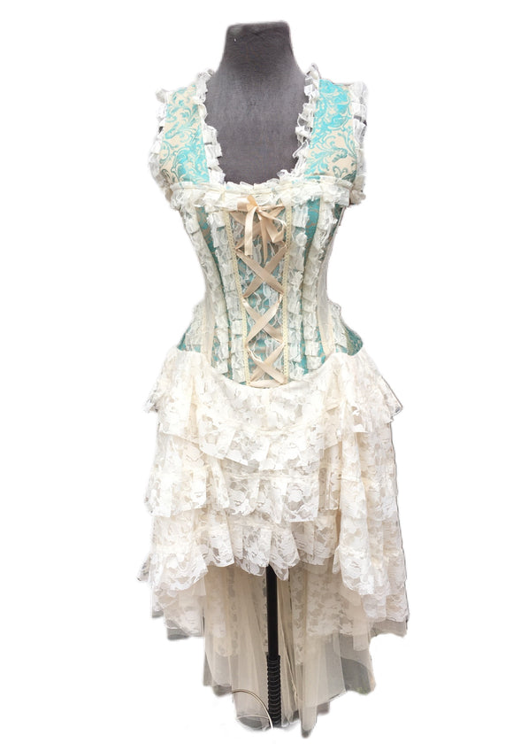 Cream and Teal Brocade Corset Dress