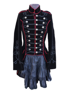 Black velvet band style jacket with red piping