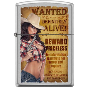 Wanted poster with cowgirl blowing gun barrel
